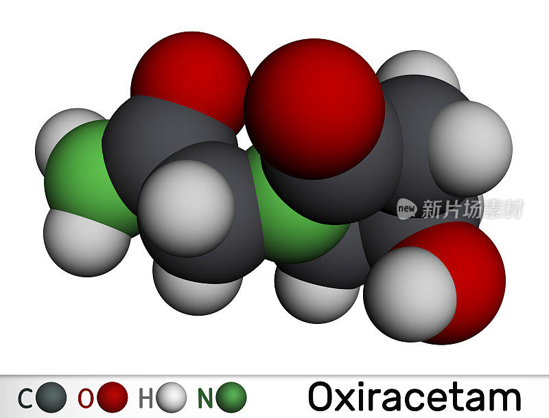 Oxiracetam分子。它是一种益智药的总西坦家族，非常温和的兴奋剂。分子模型。3 d渲染。